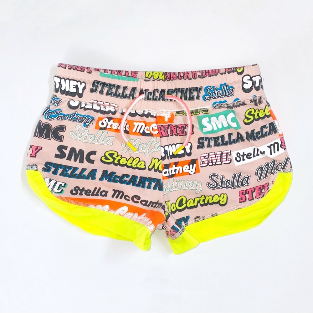 STELLA MCCARTNEY KIDS PINK YELLOW COLORFUL LOGO PRINT DRAWSTRING SHORTS